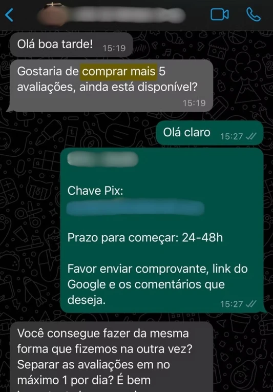 Depoimento de cliente comprando avaliações Google - cliente solicitando 5 avaliações Depoimento de cliente comprando avaliações Google - cliente solicitando 5 avaliações